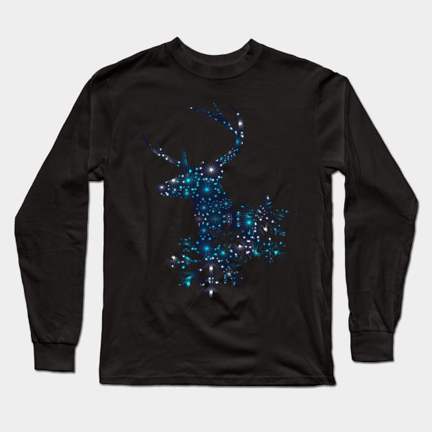 Star Pattern Christmas Deer With Snowflakes Long Sleeve T-Shirt by Atteestude